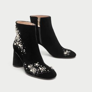 Zara black velvet high heel ankle boots